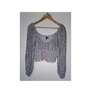 H&M Divided Ditsy Floral Smocked Crop Top Long Sleeve Blue Pink White Medium
